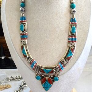 Tibetan Silver Handmade Turqoise and Coral Necklace